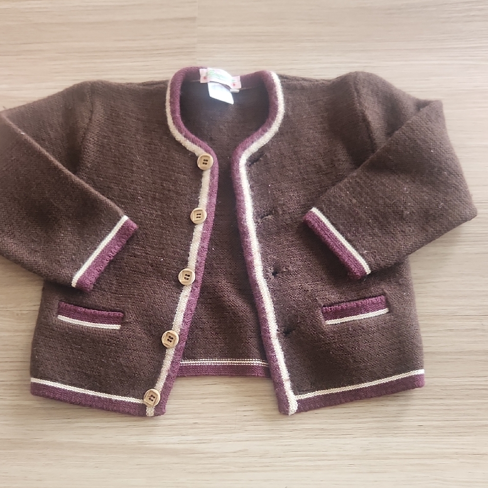 Bonpoint Wool Brown Cardigan with Purple Trim